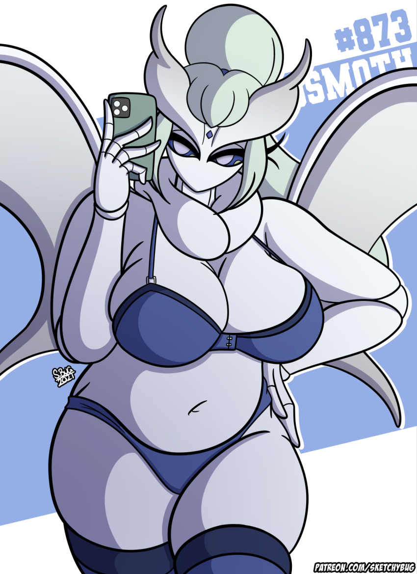 2021 5_fingers anthro anthrofied big_breasts bra breasts cellphone cleavage clothed clothing digital_media_(artwork) female fingers frosmoth hair hi_res holding_cellphone holding_object holding_phone holding_smartphone humanoid_hands legwear looking_at_object looking_at_phone mouthless nintendo noseless panties phone pok&eacute;mon pok&eacute;mon_(species) pok&eacute;morph sketchybug smartphone solo text underwear url video_games white_body white_hair wings