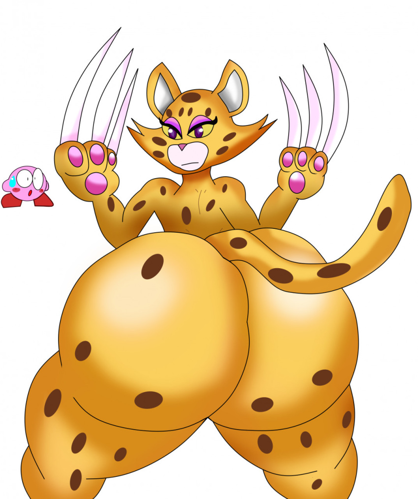 anthro big_butt blush bodily_fluids butt cheetah eyelashes felid feline female hi_res jaguar kdgamer015 kirby kirby_(series) kirby_and_the_forgotten_land long_nails looking_at_viewer mammal nintendo pantherine paws solo sweat sweatdrop unnamed_female_leopard_(kirby) video_games