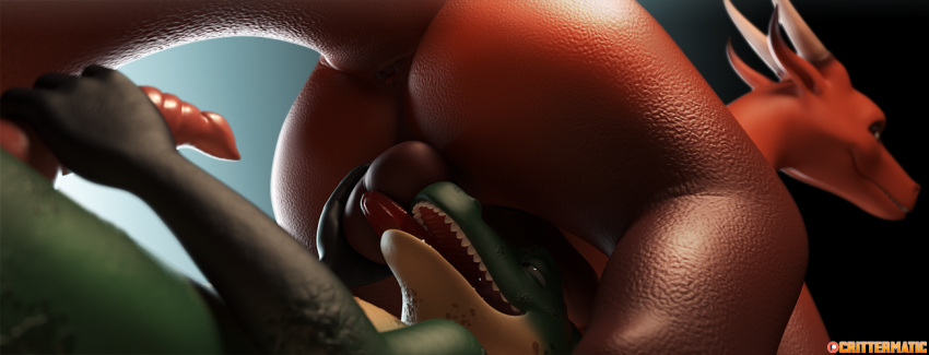 3d_(artwork) anthro ball_lick balls butt crittermatic digital_media_(artwork) dragon duo feral genitals kobold licking male male/male oral sex tongue tongue_out