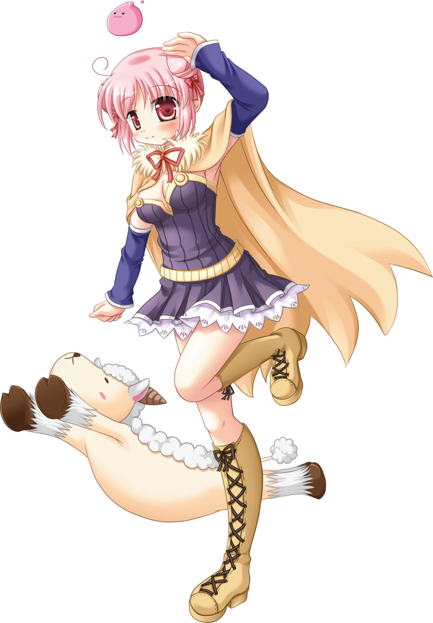 1girl :3 alchemist_(ragnarok_online) amistr_(ragnarok_online) bangs blue_sleeves blush boots breasts brown_cape brown_footwear cape cleavage closed_mouth commentary_request cowlick cross-laced_footwear detached_sleeves double_bun dress eyebrows_visible_through_hair full_body fur_collar furukawa_lemon grey_dress highres looking_at_viewer medium_breasts neck_ribbon pink_eyes pink_hair poring ragnarok_online red_ribbon ribbon sheep short_dress short_hair simple_background slime_(creature) smile strapless strapless_dress white_background