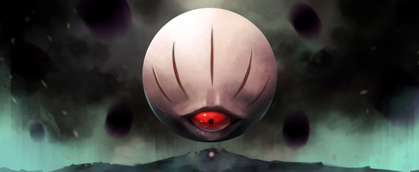 1boy absurdres black_sclera colored_sclera commentary floating_eye highres kirby kirby's_dream_land_3 kirby_(series) looking_at_another mothman_(the_m0thman) red_eyes wide_shot zero_(kirby)