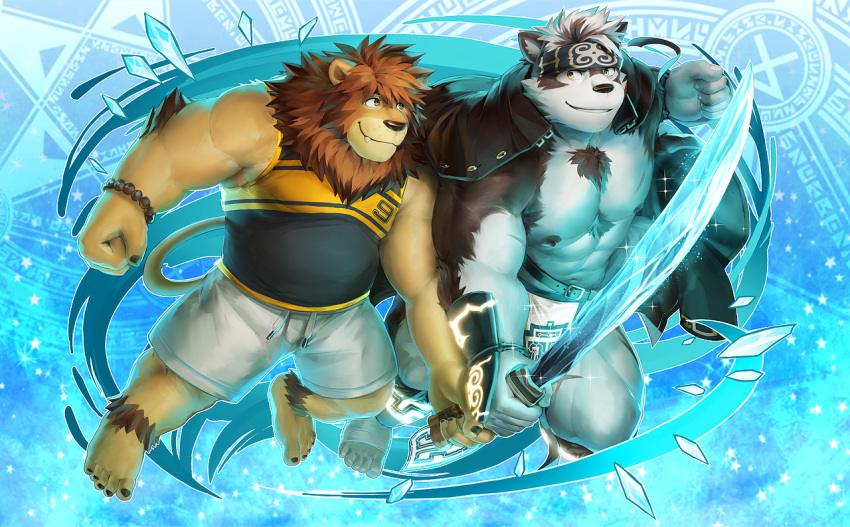 2boys abs ainu_clothes animal_ears bandaged_foot bandages bara bare_arms bare_pectorals belly black_tank_top brown_hair bulge chest_hair commission eye_contact fangs full_body furry furry_male grey_fur grey_hair headband holding holding_sword holding_weapon horkeu_kamui jacket jacket_on_shoulders large_pectorals lightning lion_boy lion_ears lion_tail looking_at_another male_focus multicolored_hair multiple_boys multiple_wielding muscular muscular_male navel nipples original pectorals pelvic_curtain plump ross_lion short_hair shorts silver_hair smile stomach sword tail taka_(takahiro_si) tank_top thick_thighs thighs tokyo_afterschool_summoners two-tone_fur two-tone_hair weapon white_fur white_shorts wolf_boy wolf_ears wolf_tail yellow_eyes