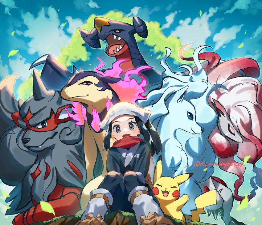 1girl :d akari_(pokemon) alolan_ninetales black_legwear blush brown_footwear cloud commentary_request day eyelashes from_below garchomp grey_eyes grey_headwear grey_jacket grey_legwear head_scarf highres hisuian_arcanine hisuian_typhlosion hisuian_zoroark jacket loose_socks miyukiyo open_mouth outdoors pantyhose pikachu pokemon pokemon_(creature) pokemon_(game) pokemon_legends:_arceus shoes sitting sky smile tongue