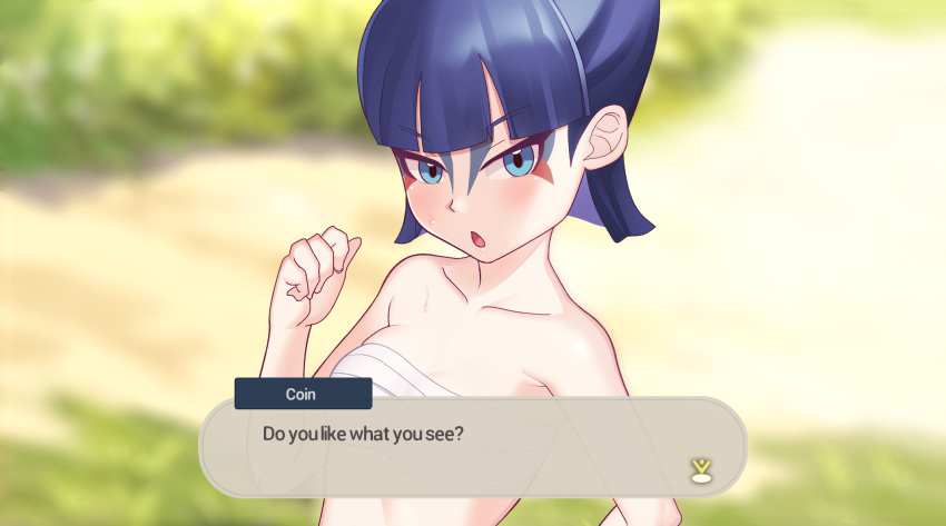 1girl bangs bare_arms blue_eyes blue_hair blunt_bangs blurry blurry_background blush breasts character_name chest_sarashi cleavage coin_(pokemon) collarbone commentary_request day dialogue_box english_text eyeshadow facepaint gazing_eye grass hand_up highres looking_at_viewer makeup outdoors pokemon pokemon_(game) pokemon_legends:_arceus prostitution sarashi short_hair solo upper_body