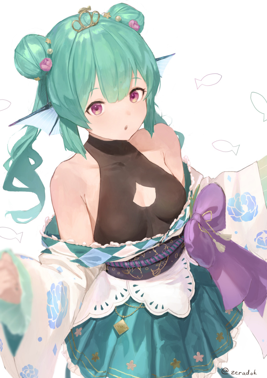 1girl artist_name bare_shoulders breasts cleavage_cutout clothing_cutout commentary double_bun english_commentary finana_ryugu flower green_hair green_skirt hair_flower hair_ornament head_fins highres japanese_clothes kimono long_hair looking_at_viewer nijisanji nijisanji_en official_alternate_costume purple_eyes simple_background skirt small_breasts solo tiara twintails twitter_username virtual_youtuber white_background white_kimono zeradok