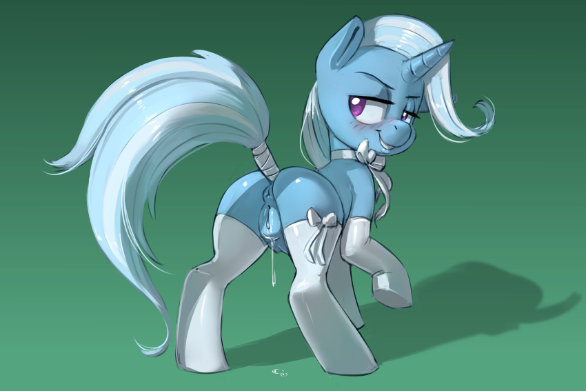 2022 anus blush butt clothing equid equine female feral friendship_is_magic gekasso genitals hi_res horn legwear mammal my_little_pony osamu_tezuka purple_eyes pussy shadow simple_background smile solo tail_wraps trixie_(mlp) unico unico_(series) unicorn wraps