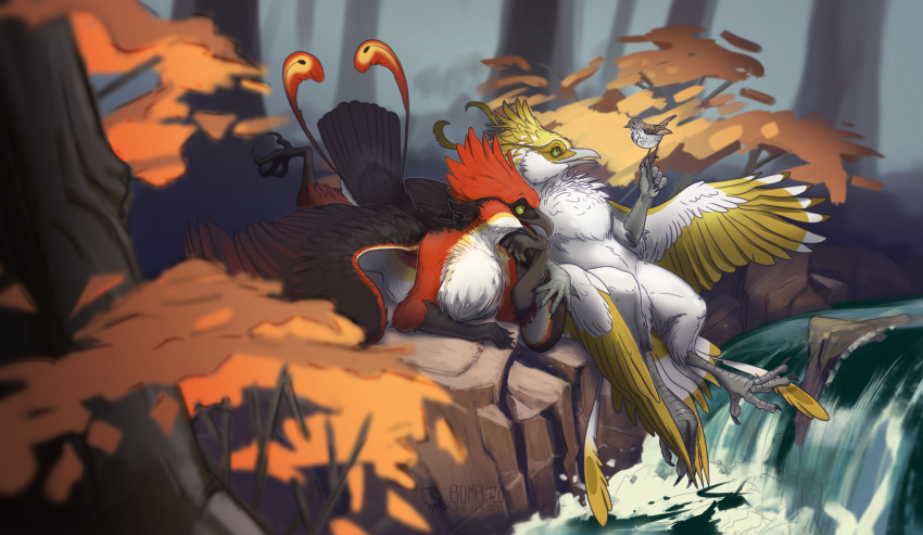 2021 anthro autumn avian beak bird black_body black_claws black_feathers black_nails bombird chest_tuft claws colored_nails creek duo european_mythology feather_tuft feathered_crest feathers female feral forest greek_mythology green_eyes hand_on_chin head_crest hi_res leaning leaning_back lying mythological_avian mythological_firebird mythology nails nude on_front phoenix plant red_body red_feathers river rock smile talon_hands talons tree tuft white_body white_feathers yellow_body yellow_feathers