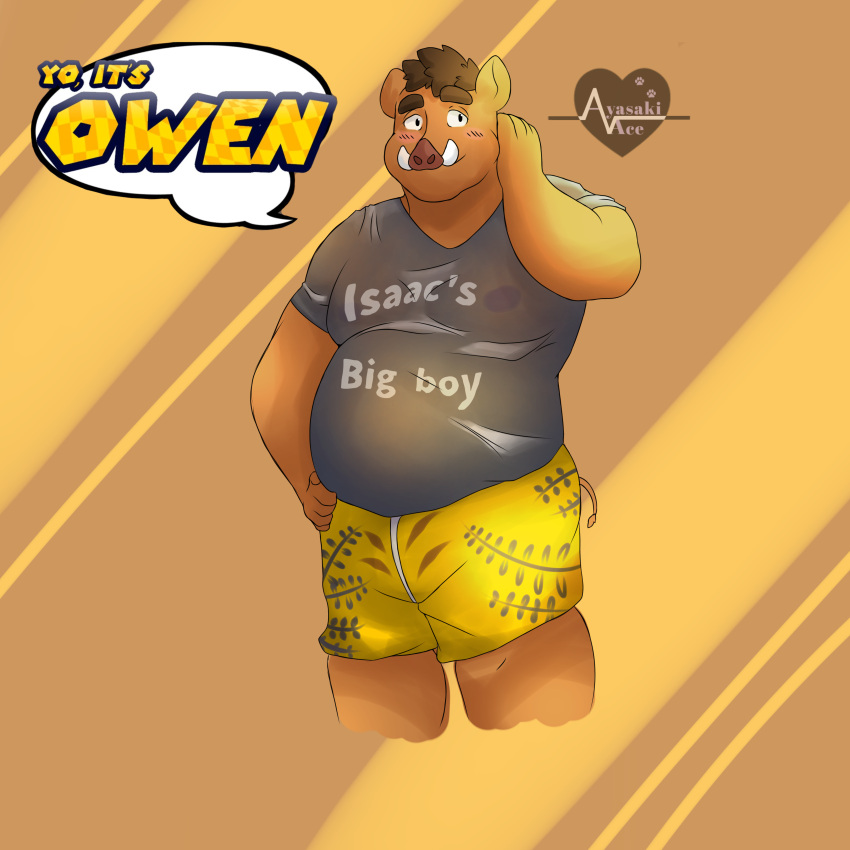 absurd_res anthro ayasakiace biped blush bottomwear brown_body brown_fur chubby_anthro chubby_male clothed clothing digital_media_(artwork) fur hi_res looking_at_viewer male mammal owen pose shirt shorts simple_background sketch slightly_chubby smile solo standing suid suina sus_(pig) topwear tusks wild_boar