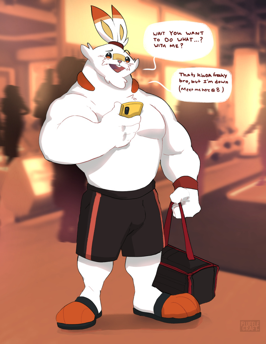 absurd_res anthro bottomwear bulge clothed clothing english_text flufflecraft fur gym hi_res male muscular muscular_anthro muscular_male nintendo pecs phone pok&eacute;mon pok&eacute;mon_(species) scorbunny shorts solo standing text topless video_games white_body white_fur