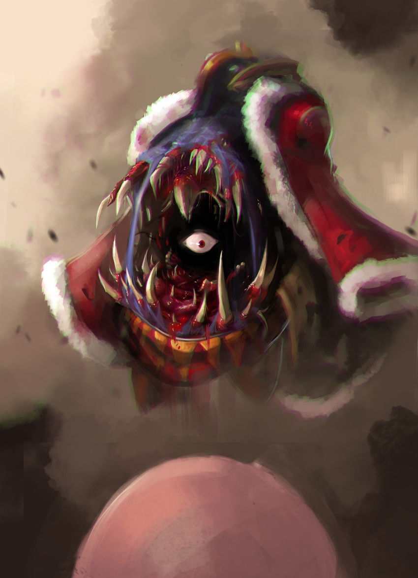 2boys absurdres blood body_horror coat commentary dark_matter extra_mouth guro highres horror_(theme) king_dedede kirby kirby_(series) looking_at_another male_focus mothman_(the_m0thman) multiple_boys open_mouth red_coat red_eyes sleeves_past_fingers sleeves_past_wrists teeth