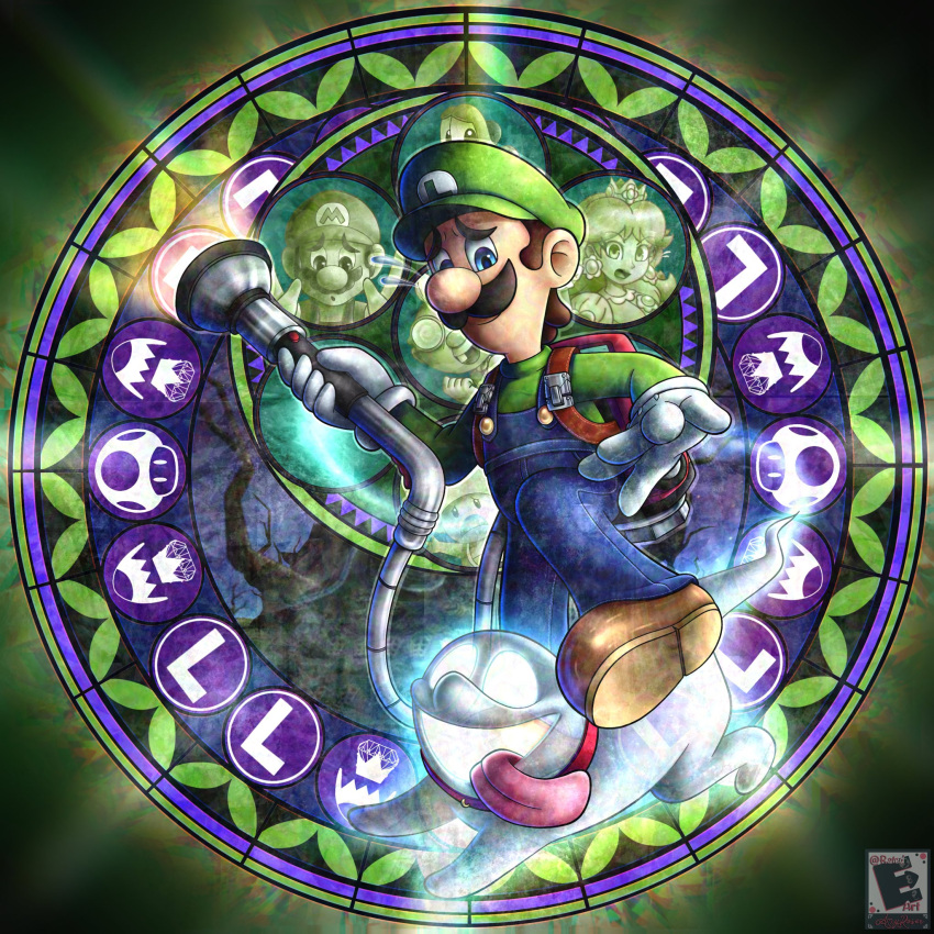 1boy amyroser blue_eyes brown_hair dive_to_the_heart dog facial_hair ghost gloves green_headwear green_shirt highres holding kingdom_hearts looking_down luigi luigi's_mansion male_focus mario mario_(series) mustache open_hand overalls parody princess_peach professor_elvin_gadd shirt stained_glass super_smash_bros. toad_(mario) white_gloves worried yoshi