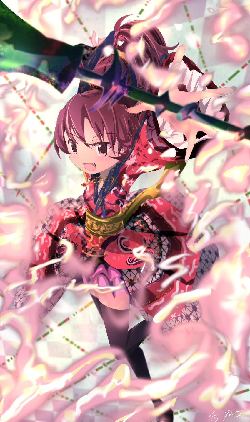 1girl :d absurdres fang fire from_above highres holding holding_polearm holding_weapon japanese_clothes magia_record:_mahou_shoujo_madoka_magica_gaiden mahou_shoujo_madoka_magica ophelia_(madoka_magica) polearm ponytail red_eyes red_hair sakura_kyouko sengoku_chidori smile solo weapon