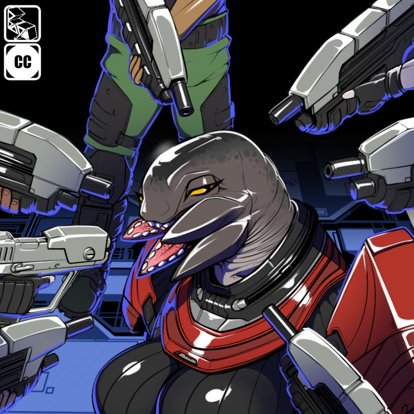 2019 aiming alien alien_humanoid ambiguous_gender bogexplosion breasts clothed clothing faceless_ambiguous faceless_character faceless_human female female_focus fully_clothed grey_body group gun halo_(series) human humanoid humanoid_focus mammal mandibles microsoft not_furry ranged_weapon sangheili solo_focus video_games weapon xbox_game_studios