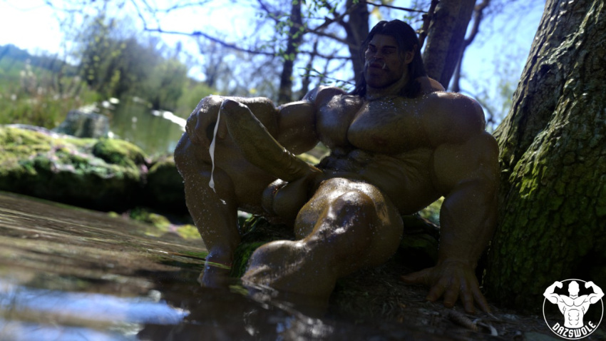 bodily_fluids cum cum_drip dazswole dripping forest forest_background genital_fluids green_body green_skin hairy humanoid male muscular muscular_male nature nature_background nipples orc plant solo tree