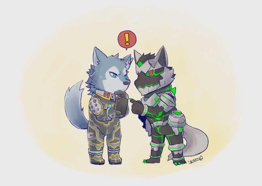 anthro armor blue_eyes bodysuit breke canid canine canis clothing domestic_dog duo exclamation_point green_eyes hi_res husky igarashi_ta lifewonders live-a-hero male mammal monomasa nordic_sled_dog red_sclera skinsuit spitz supervillain tight_clothing tokyo_afterschool_summoners video_games wolf