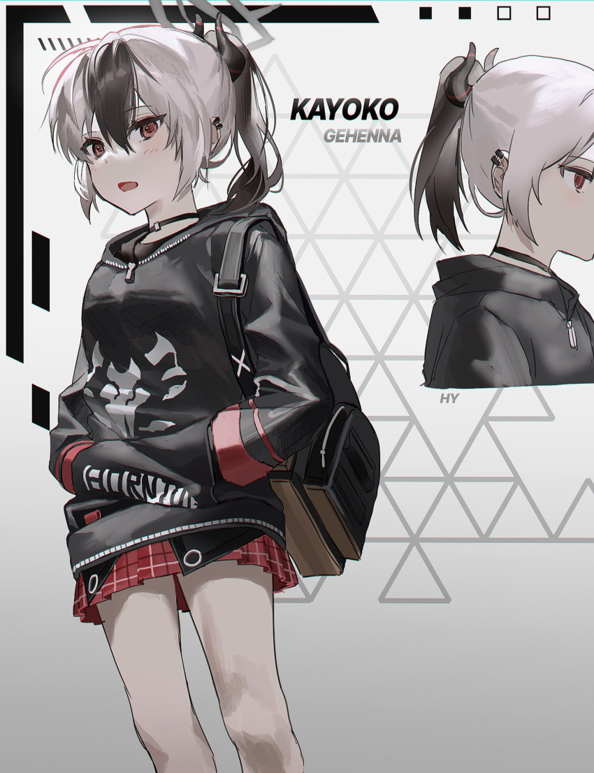 1girl artist_name backpack bag bangs bare_legs black_bag black_hair black_hoodie black_horns blue_archive character_name choker cowboy_shot demon_horns earclip eyebrows_visible_through_hair from_side halo hands_in_pockets highres hood hoodie horns hy_(hem_oo) kayoko_(blue_archive) light_blush looking_ahead looking_at_viewer miniskirt multicolored_hair open_mouth plaid plaid_skirt pleated_skirt ponytail red_eyes simple_background skirt two-tone_hair upper_body white_hair