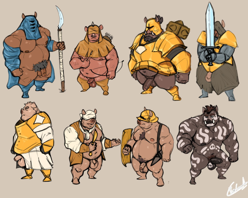 2022 anthro armor balls belly bow_(weapon) brown_body genitals headgear helmet hi_res humanoid_genitalia humanoid_hands humanoid_penis male mammal melee_weapon moobs musclegut navel nipples overweight overweight_male penis pure_command ranged_weapon suid suina sus_(pig) sword weapon wild_boar