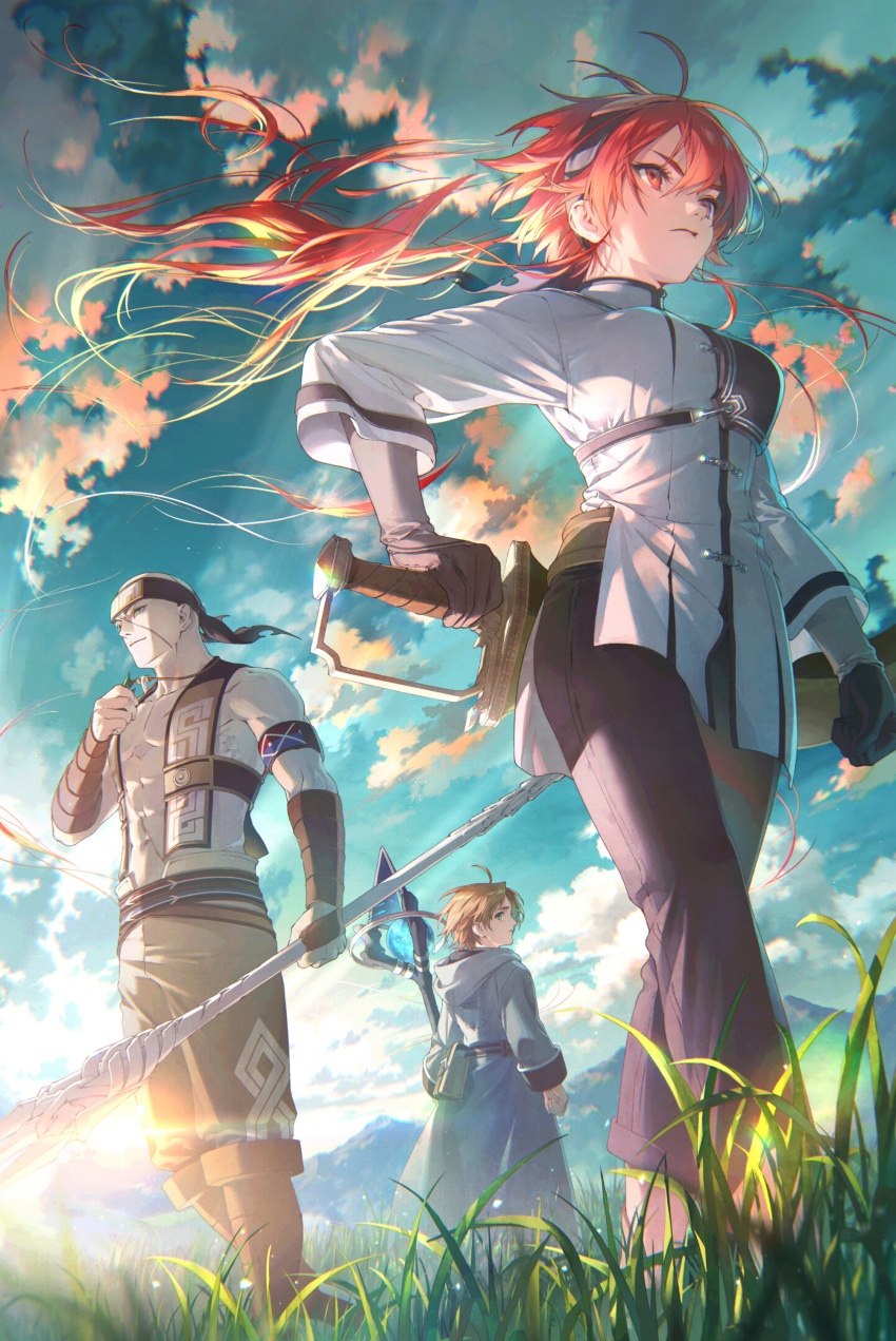 1girl 2boys absurdres ahoge armband bangs brown_hair cloud cloudy_sky eris_greyrat from_below gloves grass hair_between_eyes headband highres holding holding_jewelry holding_necklace holding_polearm holding_staff holding_sword holding_weapon jewelry lance long_sleeves looking_ahead looking_back multiple_boys mushoku_tensei necklace polearm red_eyes red_hair rudeus_greyrat ruijerd_superdia shirotaka_(5choume) short_hair sky staff standing sunlight sword walking weapon