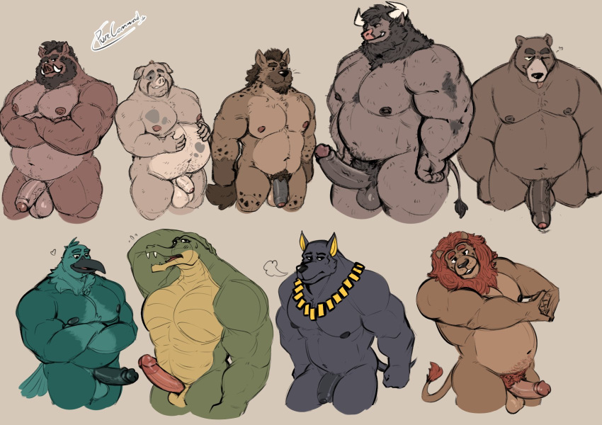 2022 anthro avian balls belly bovid bovine brown_body canid canine canis cattle crocodile crocodilian crocodylid domestic_dog domestic_pig erection felid flaccid genitals green_body group hi_res humanoid_genitalia humanoid_hands humanoid_penis hyaenid lion male male/male mammal moobs musclegut nipples one_eye_closed overweight overweight_male pantherine penis pure_command reptile scalie suid suina sus_(pig) ursid wild_boar wink