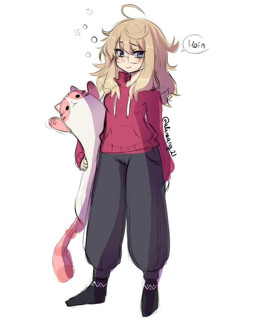 1girl ahoge anakoluth black_legwear black_pants blonde_hair blush closed_mouth eyebrows_visible_through_hair full_body glasses highres hood hoodie long_hair long_sleeves longcat looking_at_viewer original pants rectangular_eyewear red_hoodie smile socks solo sweatpants