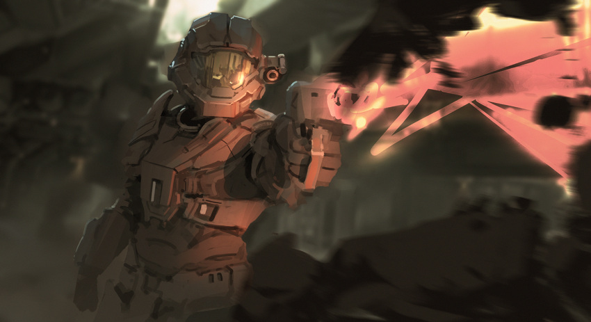 1boy english_commentary firing gun halo_(series) halo_5:_guardians handgun helmet holding holding_gun holding_weapon looking_ahead pistol power_armor science_fiction sketch snatti solo spartan_(halo) visor weapon