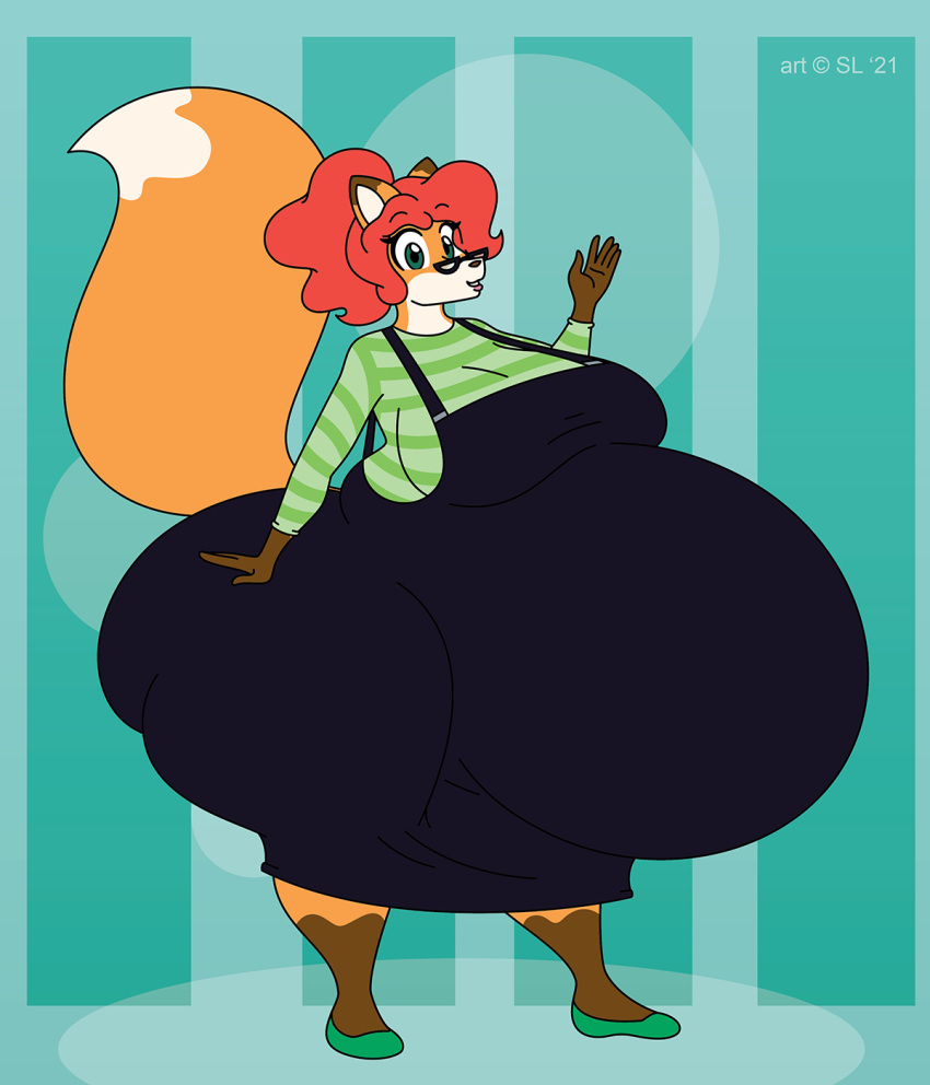 2021 anthro belly big_belly big_breasts big_butt breasts butt canid canine clothing digital_media_(artwork) eyewear female footwear fox fur glasses green_eyes hair hi_res huge_butt huge_thighs hyper hyper_belly hyper_pregnancy irma_(satsumalord) mammal multicolored_body multicolored_fur overall_dress overalls pregnant red_hair satsumalord shirt shoes solo thick_thighs topwear two_tone_body two_tone_fur waving_at_viewer wide_hips