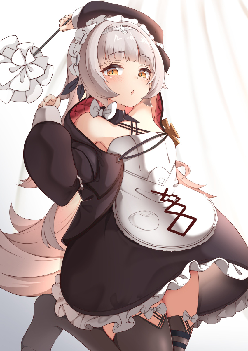 1girl absurdres apron arm_up azur_lane bare_shoulders beret black_headwear black_jacket black_legwear black_skirt blush brown_eyes commentary_request duster frilled_skirt frills grey_hair hand_up hat headpiece highres holding jacket long_hair long_sleeves looking_at_viewer moyoron parted_lips puffy_long_sleeves puffy_sleeves skirt solo standing standing_on_one_leg thighhighs tilted_headwear very_long_hair waist_apron white_apron z46_(azur_lane) z46_(chronicles_of_the_dust_war)_(azur_lane)