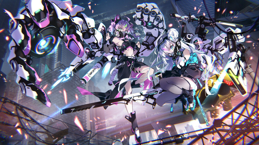 2girls black_footwear black_gloves black_jacket black_skirt breasts clenched_hand clenched_hands detached_sleeves extra_arms fingerless_gloves floating gas_mask gloves green_eyes gun halter_top halterneck hayakawa_harui head_tilt highres holding holding_gun holding_weapon jacket looking_at_viewer mask mecha_musume mechanical_arms mechanical_ears midriff multiple_girls navel open_hand original purple_hair science_fiction shoes silver_hair sitting skirt small_breasts sneakers thighhighs thrusters twintails two_side_up weapon