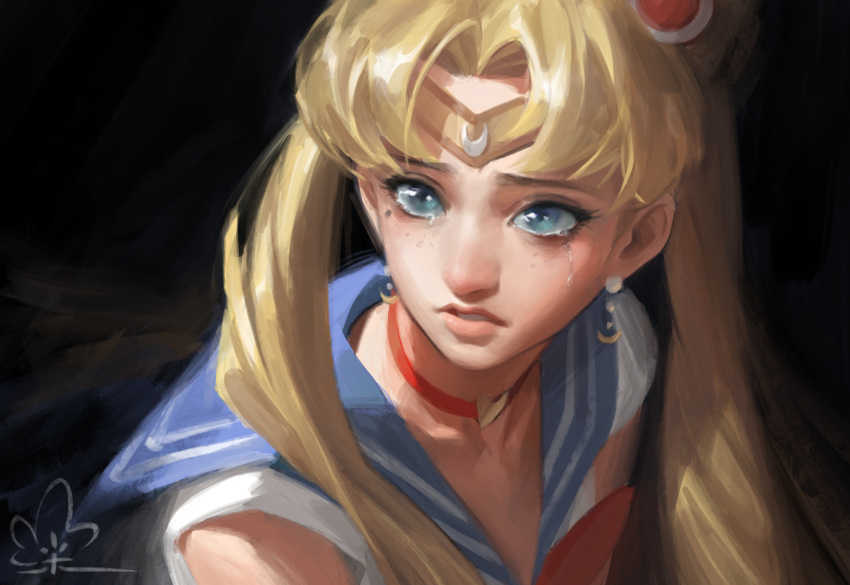 1girl absurdres bishoujo_senshi_sailor_moon blue_eyes chen_zhang choker circlet crescent crescent_earrings crying crying_with_eyes_open earrings heart heart_choker highres jewelry long_hair meme painterly parted_lips pink_lips red_choker sailor_moon sailor_moon_redraw_challenge_(meme) signature solo tears tsukino_usagi twintails upper_body