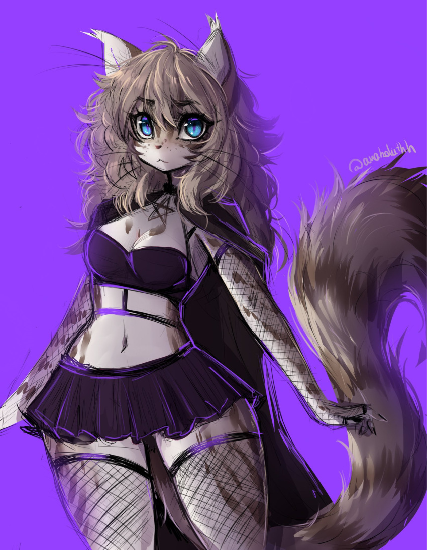 1girl anakoluth animal_ears black_skirt blue_eyes breasts brown_hair cat_ears cat_girl cat_tail cleavage elbow_gloves eyebrows_visible_through_hair fishnet_gloves fishnet_legwear fishnets furry furry_female gloves highres long_hair looking_at_viewer medium_breasts navel original pleated_skirt purple_background simple_background skirt solo tail thighhighs whiskers