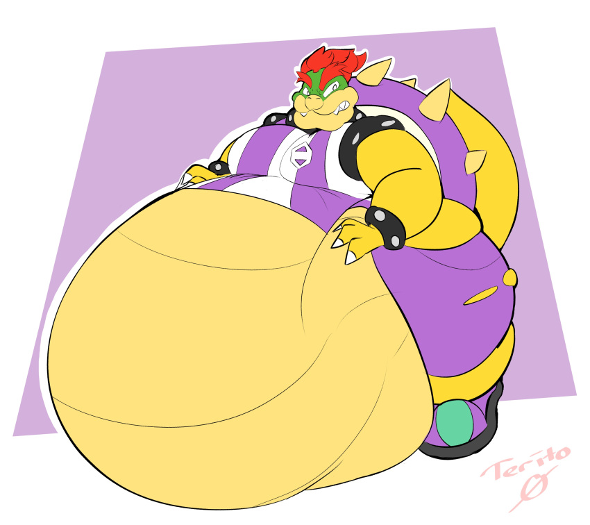 3_fingers absurd_res anthro belly belly_on_ground big_belly big_butt bottomwear bowser butt clothed clothing exposed_belly fingers footwear hair hi_res hyper hyper_belly love_handles male mario_bros mario_strikers_battle_league moobs nintendo obese obese_anthro obese_male overweight overweight_anthro overweight_male purple_bottomwear purple_clothing purple_shell purple_shorts red_hair scalie shell shorts solo spiked_shell spikes spikes_(anatomy) standing terito thick_thighs torn_clothing video_games