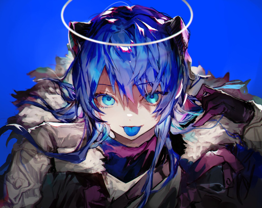 1girl :p arknights arm_up blue_background blue_eyes blue_hair blue_tongue blurry character_request check_character closed_mouth colored_tongue depth_of_field eyebrows_visible_through_hair eyes_visible_through_hair fur-trimmed_jacket fur_trim gloves gradient_hair grey_jacket hair_between_eyes halo highres horns jacket kkuekkue_(chifer1958) long_hair looking_at_viewer mostima_(arknights) multicolored_hair purple_gloves purple_hair smile solo straight-on tongue tongue_out two-tone_hair upper_body