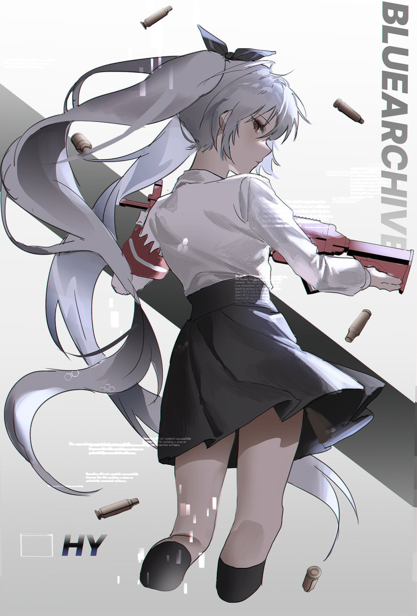 1girl armband artist_name assault_rifle black_legwear black_skirt blue_archive closed_mouth collared_shirt dark-skinned_female dark_skin floating_hair from_behind grey_hair gun hair_ribbon highres hy_(hem_oo) iori_(blue_archive) kneehighs long_hair long_sleeves looking_at_viewer red_eyes ribbon rifle serious shell_casing shirt simple_background skirt solo twintails weapon white_shirt