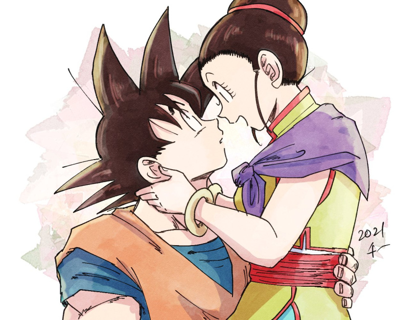 1boy 1girl bare_arms beige_background black_eyes black_hair bracelet breasts chi-chi_(dragon_ball) chi_(cmon_57) china_dress chinese_clothes couple dougi dragon_ball dragon_ball_z dress eye_contact eyelashes face-to-face from_side hair_bun hair_slicked_back hair_strand hand_on_another's_hip hands_on_another's_neck happy hetero high_collar jewelry looking_at_another medium_breasts muscular muscular_male neckerchief open_mouth parted_lips pectorals profile purple_neckerchief sideboob simple_background sleeveless sleeveless_dress son_goku spiked_hair two-tone_background undershirt upper_body white_background yellow_dress