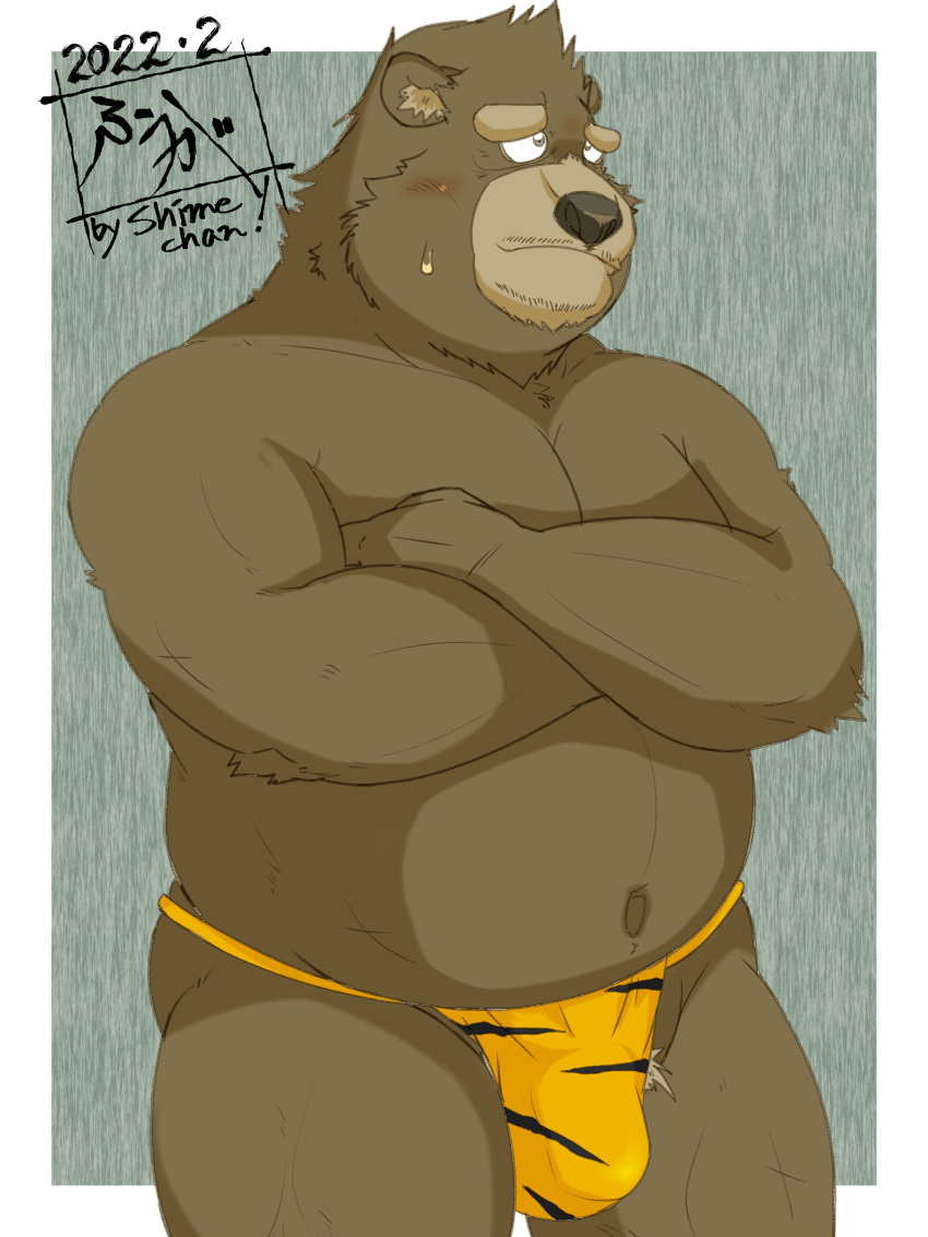 2022 absurd_res anthro belly black_nose blush brown_body bulge clothing hi_res kemono male mammal navel overweight overweight_male solo tanutronik753_k underwear ursid