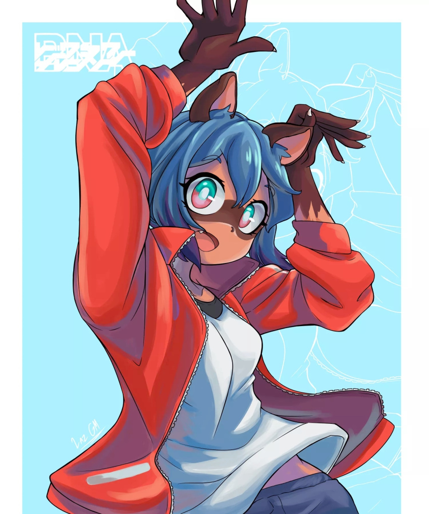 2020 5_fingers anthro blue_hair brand_new_animal breasts canid canine claws clothing fingers gm_laz hair hi_res inner_ear_fluff jacket looking_at_viewer mammal michiru_kagemori open_mouth open_smile raccoon_dog shirt simple_background smile solo studio_trigger tongue topwear tuft