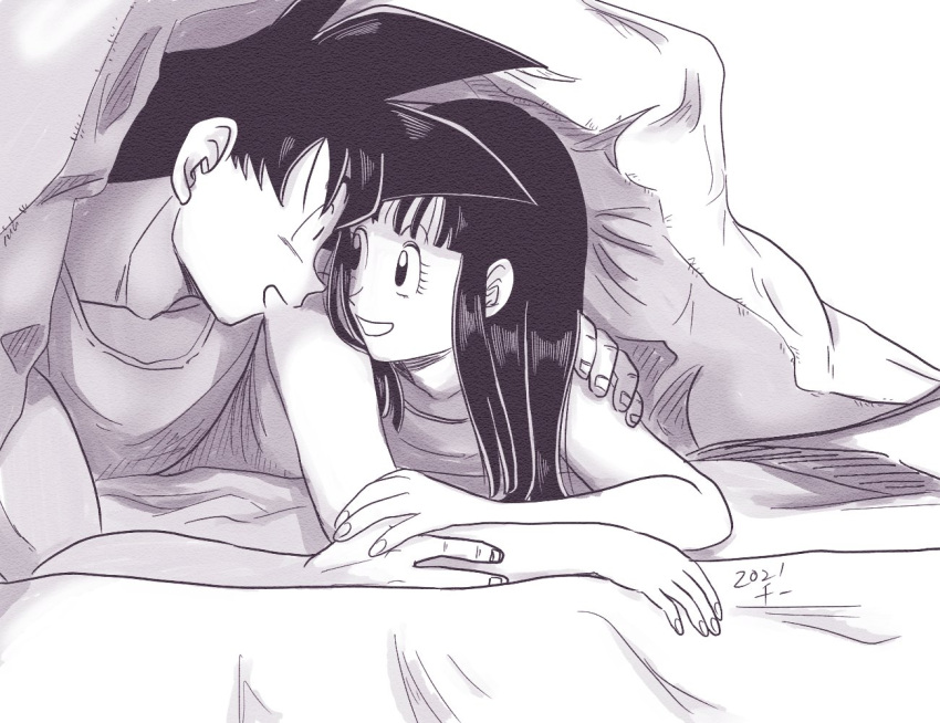 1boy 1girl arm_support bed bed_sheet black_eyes black_hair chi-chi_(dragon_ball) chi_(cmon_57) collarbone couple dragon_ball eye_contact eyelashes face-to-face fingernails greyscale hair_down hand_on_another's_arm hand_on_another's_shoulder happy hetero long_hair looking_at_another lying monochrome muscular muscular_male on_bed on_stomach open_mouth profile shade simple_background sleepwear smile son_goku spiked_hair tank_top under_covers white_background