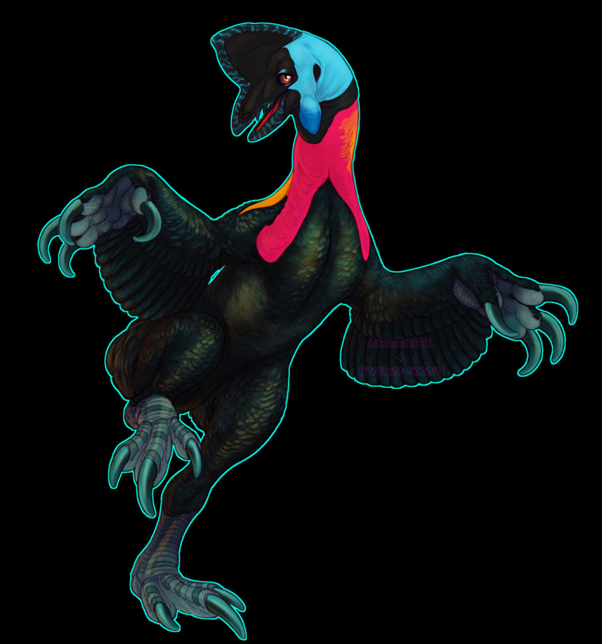 ambiguous_gender anthro avian avian-king beak bird black_body black_feathers casque_(anatomy) cassowary earhole feathers feet head_crest hi_res iridescent_feathers japanda one_leg_up open_mouth orange_body orange_feathers raised_leg ratite red_body red_eyes red_feathers solo standing talons toes winged_arms wings yellow_eyes