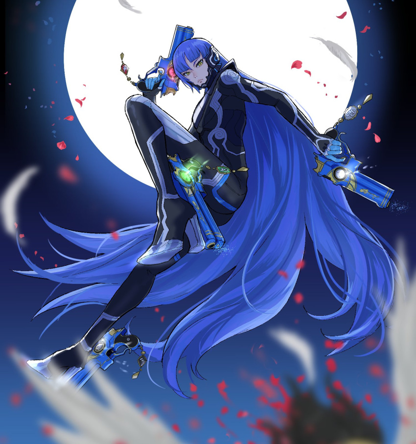 1boy androgynous angel ankle_gun armor bangs bayonetta_(series) bayonetta_2 blood bodysuit company_connection crossover eyelashes gun highres kakikuyeko3181 long_hair looking_at_viewer male_focus moon night protagonist_(smtv) quadruple_wielding shin_megami_tensei shin_megami_tensei_v solo very_long_hair weapon yellow_eyes