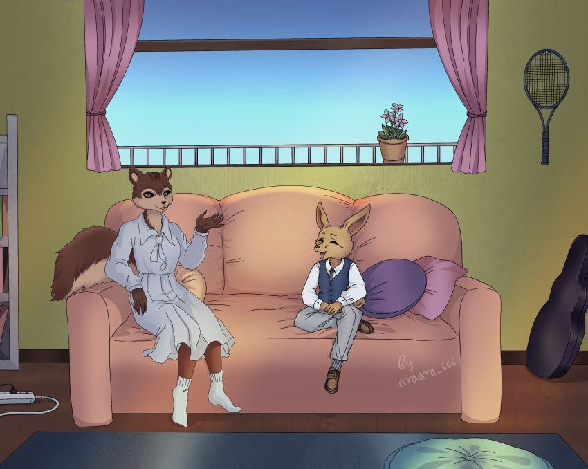 absurd_res anthro beastars canid canine chilling clothing dorm duo fedrikoganz female fennec fox furniture hi_res male male/female mammal necktie pillow rodent sally_(beastars) school_uniform sciurid sofa tennis_racket topwear uniform vest voss_(beastars)