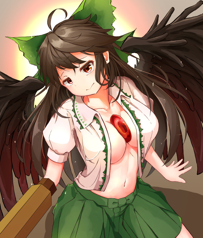 1girl absurdres ahoge arm_cannon bangs bird_wings black_wings blush bow breasts center_frills cleavage closed_mouth collar collarbone commentary_request control_rod eyelashes feathered_wings frilled_collar frills green_bow green_skirt hair_bow head_tilt highres hira-san large_breasts long_hair looking_at_viewer microskirt navel open_mouth puffy_short_sleeves puffy_sleeves red_eyes reiuji_utsuho short_sleeves sidelocks skirt smile solo stomach third_eye touhou weapon wings