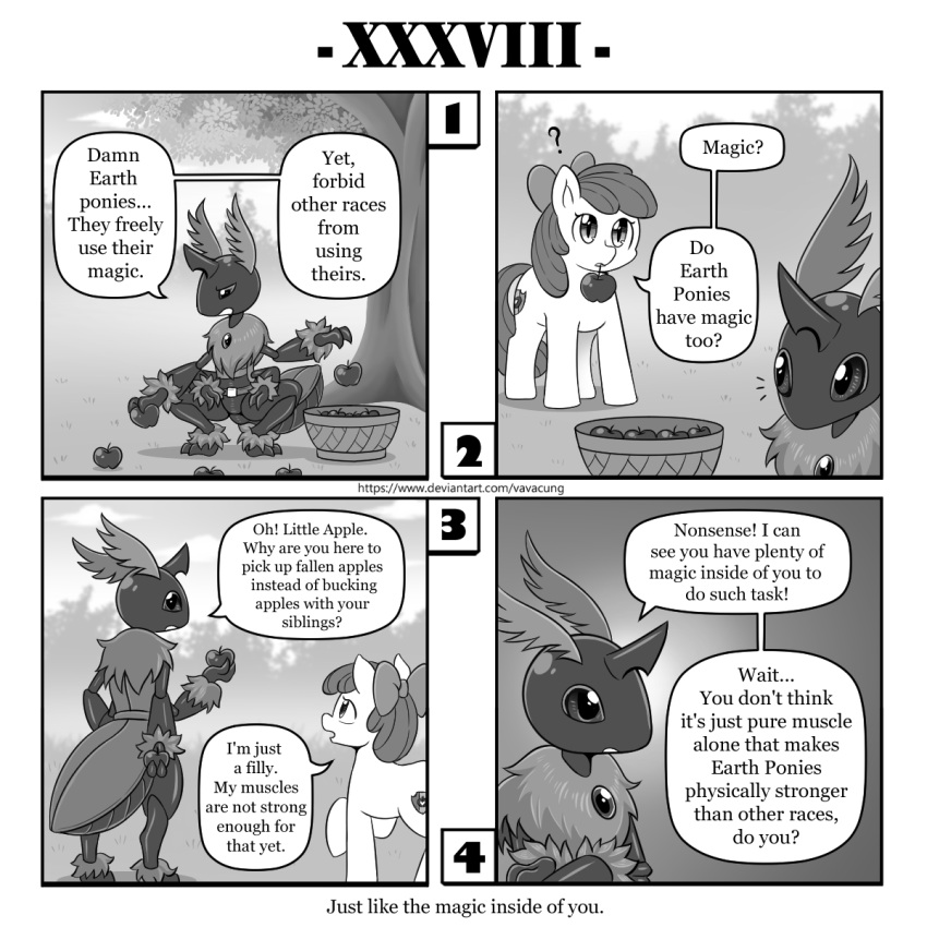 1:1 ? accessory antennae_(anatomy) apple apple_bloom_(mlp) arthropod basket bow comic container crouching earth_pony equid equine female friendship_is_magic hair_accessory hair_bow hair_ribbon hasbro hi_res horn horse insect lepidopteran mammal monochrome moth my_little_pony outside plant pony queen_chrysalis_(mlp) ribbons tree vavacung