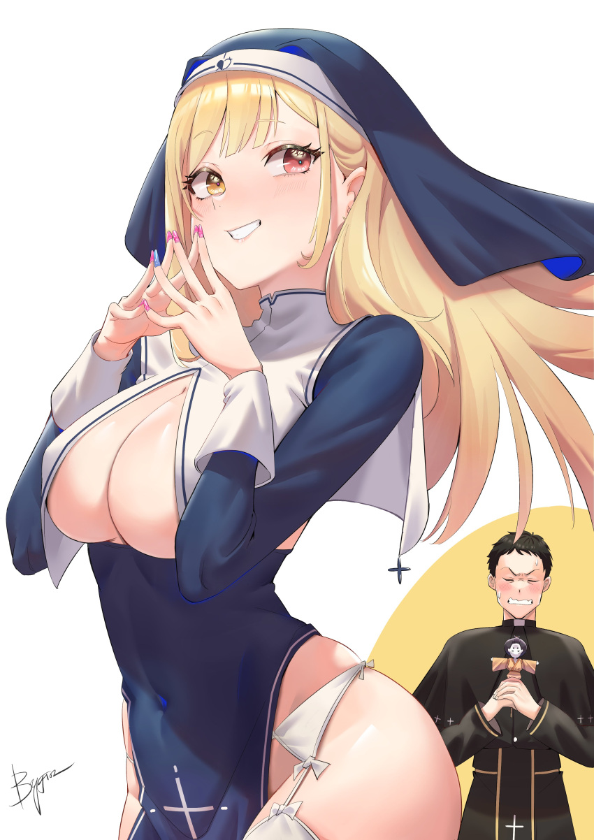 1boy 1girl absurdres artist_name bangs black_hair blonde_hair blue_nails blush breasts chen_yang_yang cleavage closed_eyes commentary_request cosplay covered_navel cross dress eyebrows_visible_through_hair fingernails gojou_wakana grin habit heart highres hina_ningyou hololive houshou_marine houshou_marine_(cosplay) jacket kitagawa_marin large_breasts long_hair long_sleeves looking_at_viewer nail_polish nun own_hands_together pink_nails red_eyes short_hair signature simple_background smile sono_bisque_doll_wa_koi_wo_suru steepled_fingers teeth thighs underboob very_short_hair wavy_mouth white_background yellow_eyes