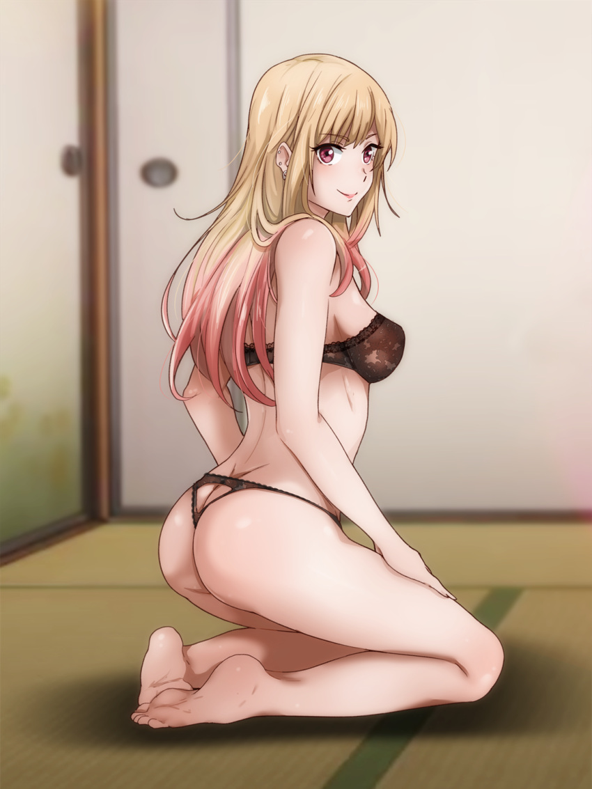 1girl ass ass_cutout bangs barefoot black_bra black_panties blonde_hair bra breasts butt_crack closed_mouth clothing_cutout colored_tips ear_piercing earrings eyebrows_visible_through_hair from_side full_body gradient_hair highres indoors jewelry kitagawa_marin kneeling lipstick long_hair looking_to_the_side makeup medium_breasts multicolored_hair panties piercing pink_hair red_eyes sbel02 sliding_doors smile solo sono_bisque_doll_wa_koi_wo_suru straight_hair symbol-only_commentary tatami underwear underwear_only