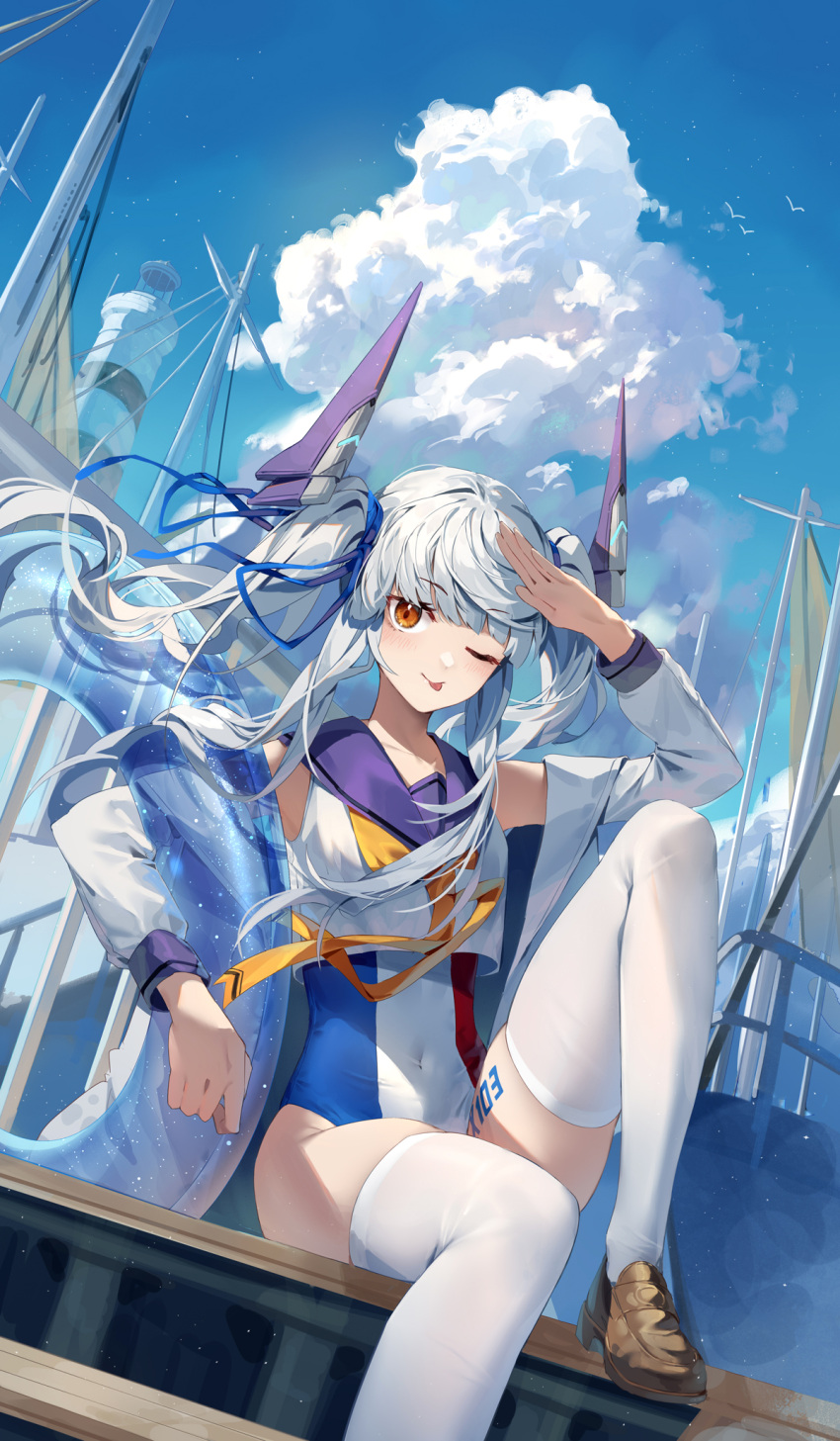 1girl blue_sky boat breasts cloud headgear highres ji_dao_ji le_fantasque_(warship_girls_r) lighthouse long_hair multicolored_clothes multicolored_swimsuit neckerchief one-piece_swimsuit one_eye_closed orange_eyes orange_neckerchief outdoors sailboat salute sitting sky small_breasts smile solo swimsuit swimsuit_under_clothes thighhighs tongue tongue_out twintails warship_girls_r watercraft white_hair white_legwear
