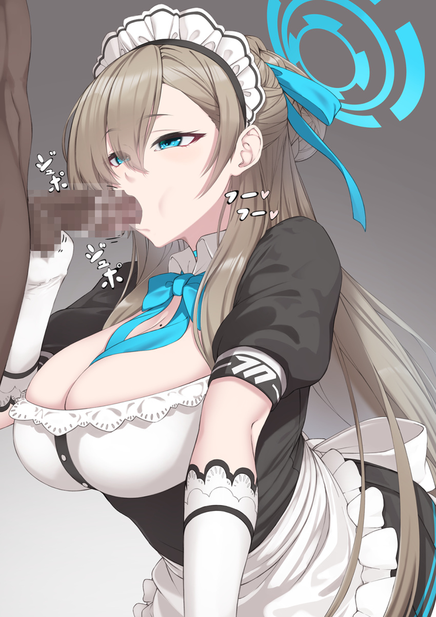 1girl apron asuna_(blue_archive) bangs black_dress blue_archive blue_ribbon blush bow bowtie breasts censored cleavage dress elbow_gloves fellatio gloves halo headphones hetero highres large_breasts light_brown_hair long_hair maid_headdress mku mole mole_on_breast mosaic_censoring neck_ribbon oral penis puffy_short_sleeves puffy_sleeves ribbon short_sleeves testicles white_apron white_gloves
