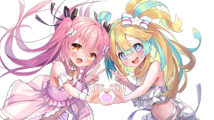 2girls :o absurdres amakawa_hano aqua_eyes aqua_hair bettle_(b_s_a_n) black_ribbon blonde_hair blue_background blush bow bubble dress hair_bow heart heart_hands heart_hands_duo highres himekuma_ribon long_hair midriff multicolored_hair multiple_girls navel outdoors pink_dress pink_hair re:act ribbon transparent_background two-tone_hair v virtual_youtuber