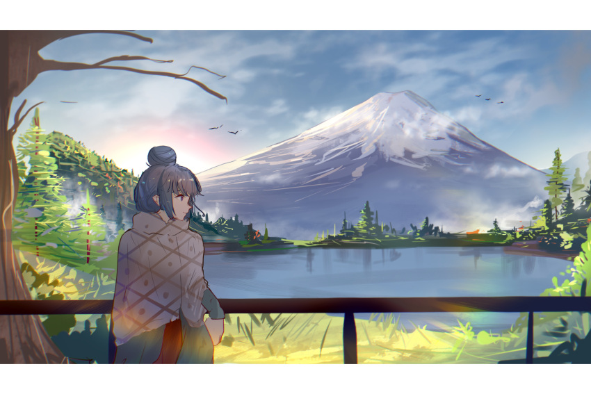 1girl absurdres arm_support backlighting bangs bare_tree bird blanket blue_hair blue_sky closed_mouth commentary_request cowboy_shot fence flying fog from_side hair_bun highres lake long_sleeves looking_to_the_side mount_fuji naoel_(naoel_art) pine_tree purple_eyes scenery shima_rin sidelocks sky solo standing tree white_background wide_shot yurucamp