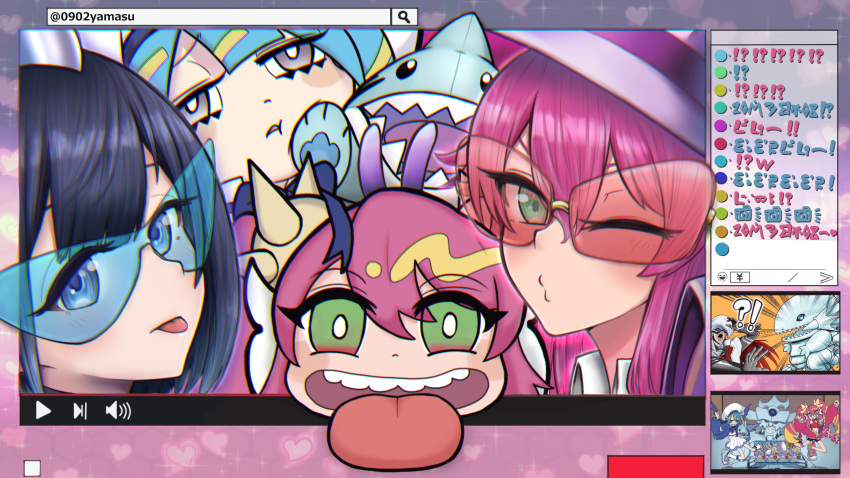 !? 4girls absurdres bangs blonde_hair blue-eyes_white_dragon blue-tinted_eyewear blue_eyes blue_hair blunt_bangs bright_pupils bunny_ears_prank chat_log check_commentary commentary_request dual_persona duel_monster eyebrows_visible_through_hair glasses gloves green_eyes grey_eyes hair_between_eyes hat highres kaibaman ki-sikil_(yu-gi-oh!) large_hat lil-la_(yu-gi-oh!) live_twin livestream long_hair looking_at_viewer multicolored_hair multiple_girls obelisk_the_tormentor one_eye_closed open_mouth outside_border parody pink-tinted_eyewear pink_hair puckered_lips purple_vest sailor_hat search_bar short_hair sidelocks smile stuffed_animal stuffed_shark stuffed_toy teeth tinted_eyewear tongue tongue_out twintails twitter_username upper_body upper_teeth v vest white_headwear white_pupils yamasu_(tmy-0902) youtube yu-gi-oh!