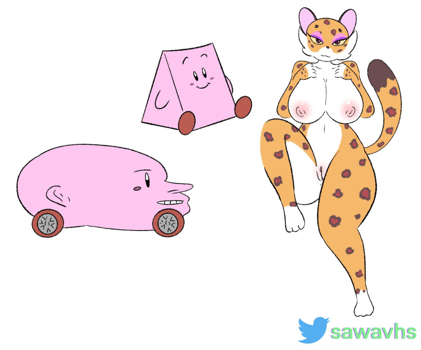 ambiguous_gender anthro areola big_breasts breasts brown_eyes car clawroline dababy dipstick_tail felid female genitals hand_on_chest hi_res huge_breasts kirby kirby_(series) kirby_and_the_forgotten_land leopard looking_at_viewer mammal markings meme multicolored_body nintendo nipples nude pantherine parody pink_body pink_nipples pussy sawavhs sitting smile spots tail_markings two_tone_body vehicle video_games waddling_head